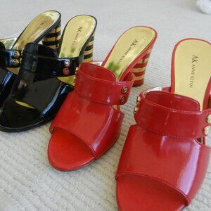 TWO PAIRS AK Anne Klein Red & BLACK PATENT Open Toe Slide Sandals Size 10M